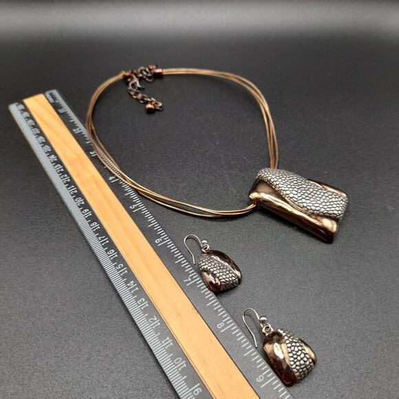 Chico's Bronze Silver Pendant Necklace Drop Earrings Set, Three Gold Cords, 20" - Picture 12 of 12